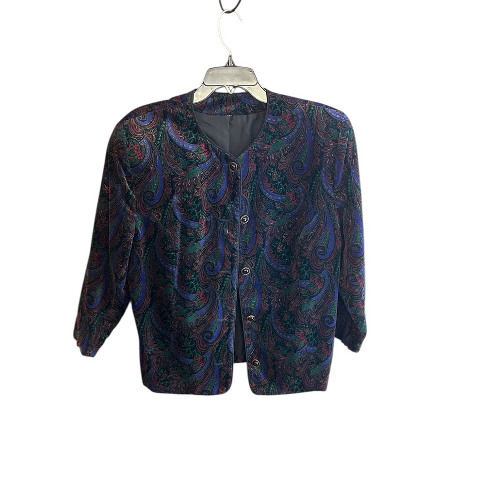 Unbranded (may be Tan Jay) vintage velvet purple green paisley with black piping